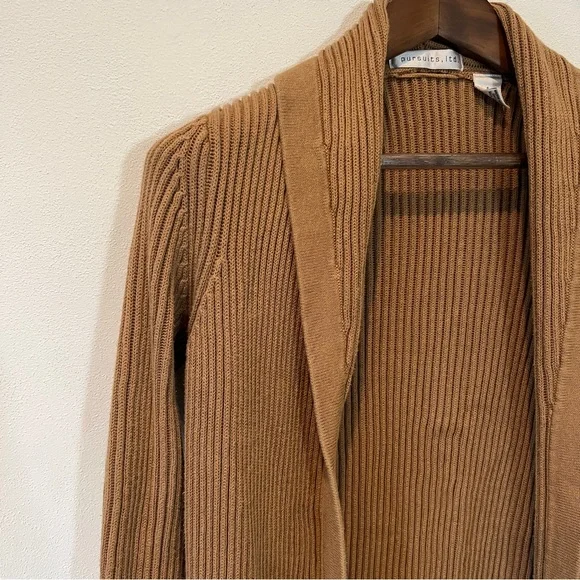 Pursuits Heavy Ribbed Knit Cotton Open Front Duster Sweater Cardigan Brown - Picture 3 of 8